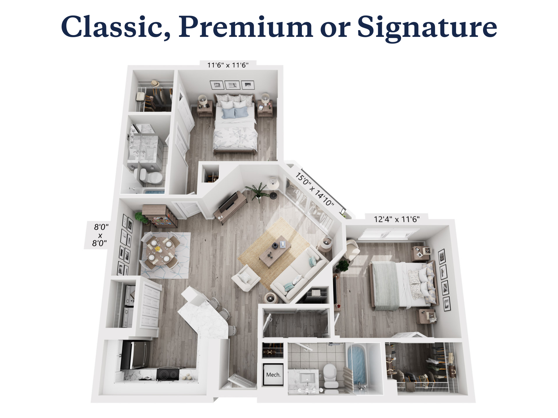 Floor plan for 2 beds, 2 baths, 1130 sqft